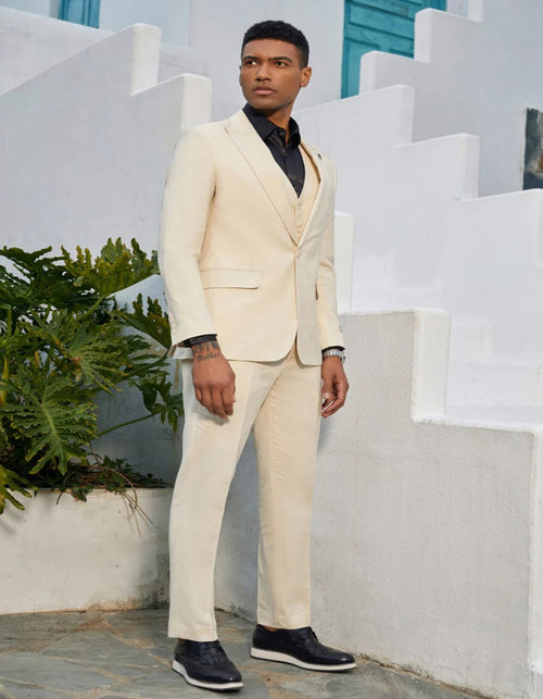 Nude Color Suit - Nude Tuxedo Light Color - Men's One Button Double Breasted Vest Slim Fit Sharkskin Wedding Tan Suit