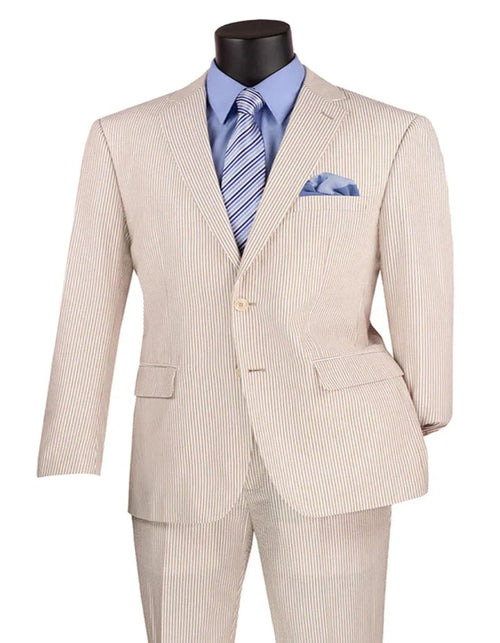 Men's 2PC Summer Seersucker Modern Fit Tan Pinstripe Suit - New Arrival