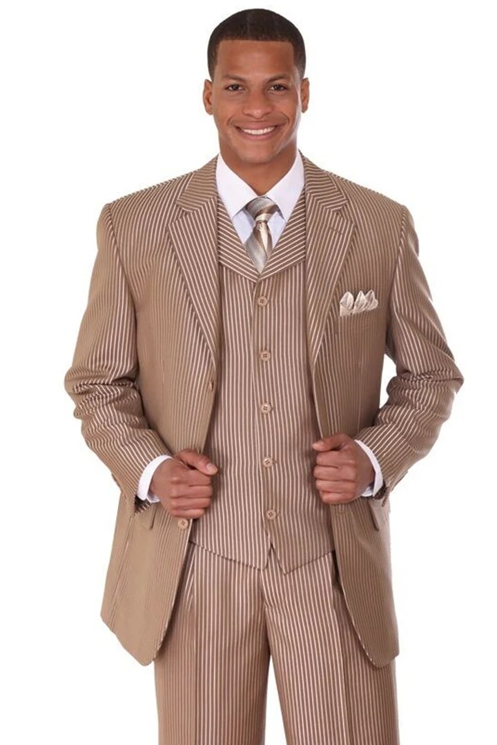 Cheap Priced Suit - Mens 3 Button Vested Shiny Sharkskin Narrow Pinstripe Tan Suit - 38 Short Jacket+32 Waist Adjustable 28to34)(Height: 5 4 to5 7 )(Neck 15-16.5)S-M)
