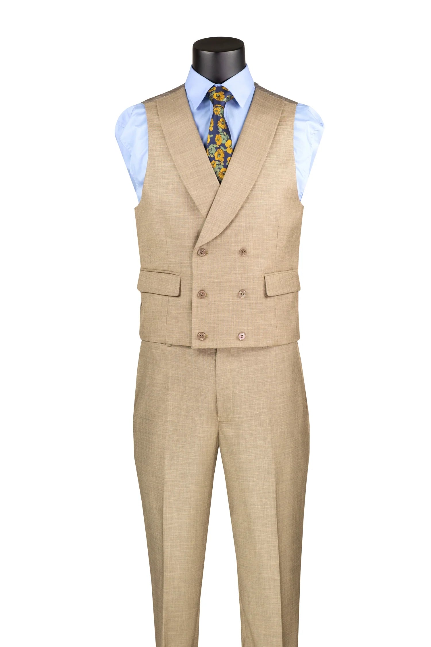 Taupe Modern Fit 3-Piece Suit with Lapel Vest & Adjustable Pants - 38 Short - 32 Waist
