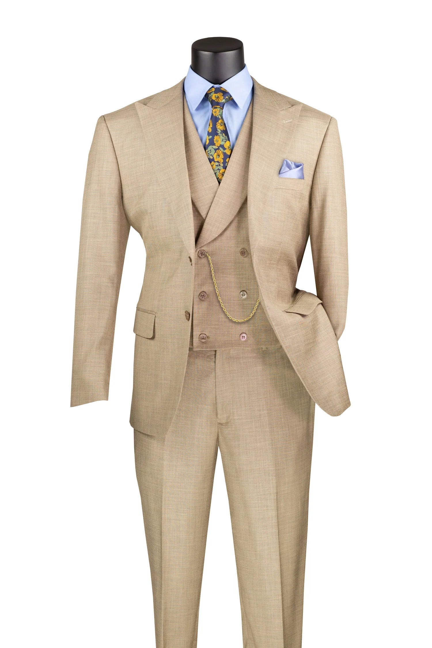 Taupe Modern Fit 3-Piece Suit with Lapel Vest & Adjustable Pants - 38 Short - 32 Waist