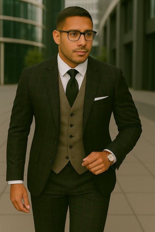 Modern Fit - Wool Suit - Italian Made Business Suit by Statement Men's 3 Piece 100% Wool Modern Fit Suit - Bold Accent Color