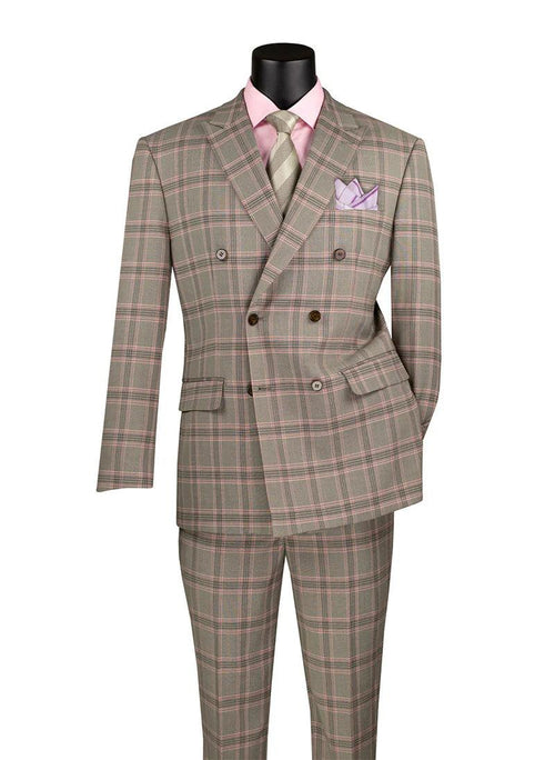 Mens Light Taupe Glen Plaid Double-Breasted Suit - Modern Fit
