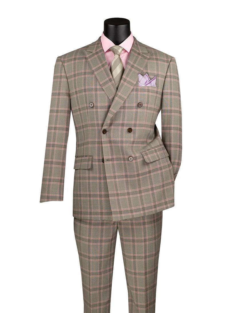 Men’s Light Taupe Glen Plaid Double-Breasted Suit - Modern Fit - 38 Short - 32 Waist