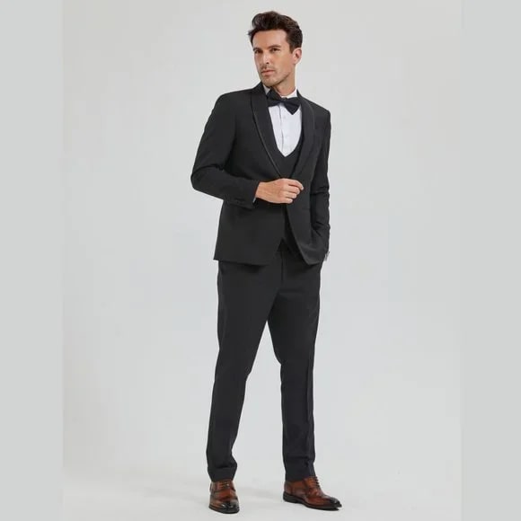 New Tazio Birdseye Textured Black Tuxedo | Shawl Collar Satin Trim 3-Piece - 38 Short Jacket+32 Waist Adjustable 28to34)(Height: 5 4 to5 7 )(Neck 15-16.5)S-M)