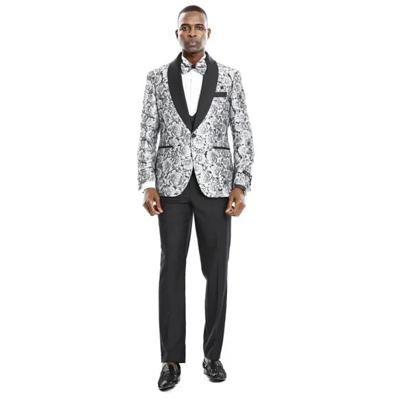 Monochrome Rose 3pc Tuxedo w/ Double Breasted Vest by Tazio - 38 Short Jacket+32 Waist Adjustable 28to34)(Height: 5 4 to5 7 )(Neck 15-16.5)S-M)