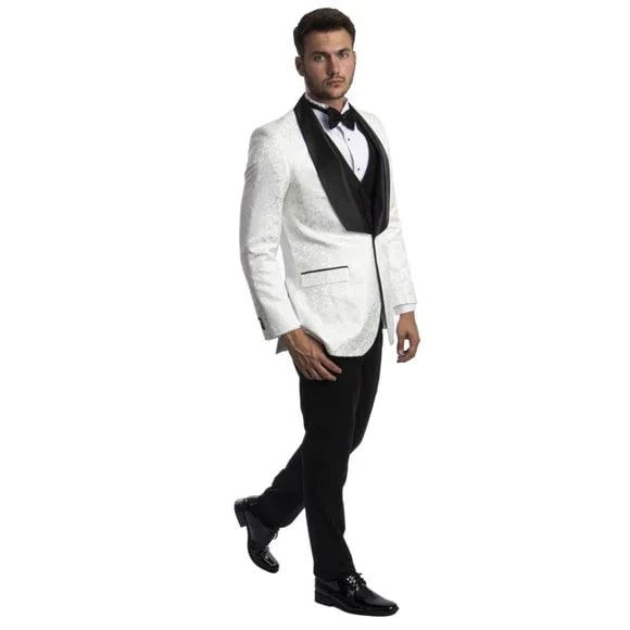 White Paisley Tuxedo Suit w/ Black Satin Shawl Collar by Tazio - 38 Short Jacket+32 Waist Adjustable 28to34)(Height: 5 4 to5 7 )(Neck 15-16.5)S-M)
