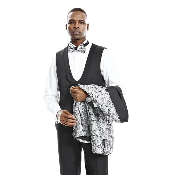 Monochrome Rose 3pc Tuxedo w/ Double Breasted Vest by Tazio - 38 Short Jacket+32 Waist Adjustable 28to34)(Height: 5 4 to5 7 )(Neck 15-16.5)S-M)