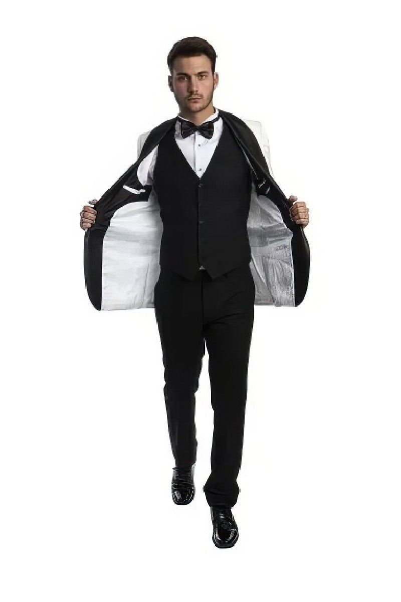 White Paisley Tuxedo Suit w/ Black Satin Shawl Collar by Tazio - 38 Short Jacket+32 Waist Adjustable 28to34)(Height: 5 4 to5 7 )(Neck 15-16.5)S-M)