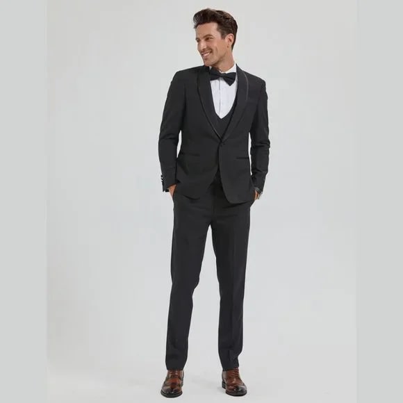 New Tazio Birdseye Textured Black Tuxedo | Shawl Collar Satin Trim 3-Piece - 38 Short Jacket+32 Waist Adjustable 28to34)(Height: 5 4 to5 7 )(Neck 15-16.5)S-M)