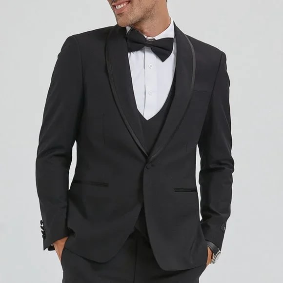New Tazio Birdseye Textured Black Tuxedo | Shawl Collar Satin Trim 3-Piece - 38 Short Jacket+32 Waist Adjustable 28to34)(Height: 5 4 to5 7 )(Neck 15-16.5)S-M)