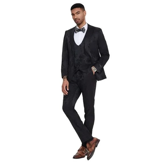 2025 Floral Mens 3PC Suit w/ Double Breasted Prom 2025 Vest by Tazzio, Black - 38 Short Jacket+32 Waist Adjustable 28to34)(Height: 5 4 to5 7 )(Neck 15-16.5)S-M)