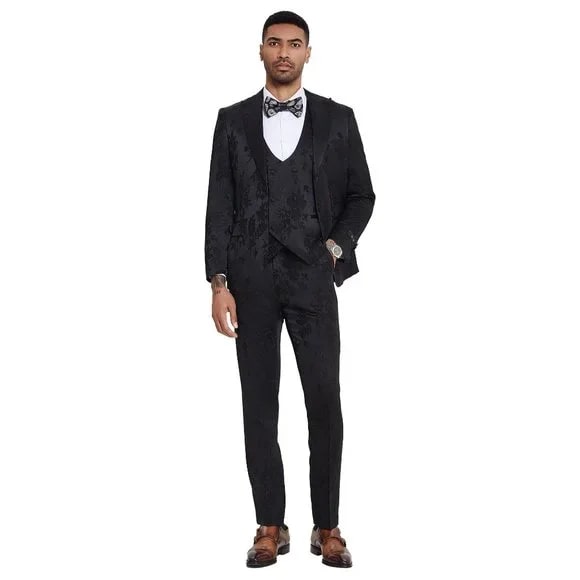 2025 Floral Mens 3PC Suit w/ Double Breasted Prom 2025 Vest by Tazzio, Black - 38 Short Jacket+32 Waist Adjustable 28to34)(Height: 5 4 to5 7 )(Neck 15-16.5)S-M)