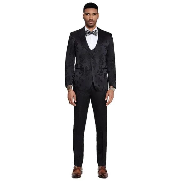 2025 Floral Mens 3PC Suit w/ Double Breasted Prom 2025 Vest by Tazzio, Black - 38 Short Jacket+32 Waist Adjustable 28to34)(Height: 5 4 to5 7 )(Neck 15-16.5)S-M)