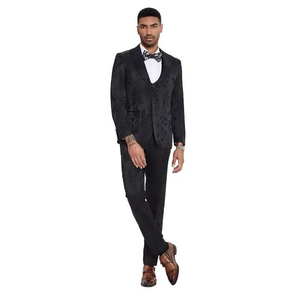 2025 Floral Mens 3PC Suit w/ Double Breasted Prom 2025 Vest by Tazzio, Black - 38 Short Jacket+32 Waist Adjustable 28to34)(Height: 5 4 to5 7 )(Neck 15-16.5)S-M)