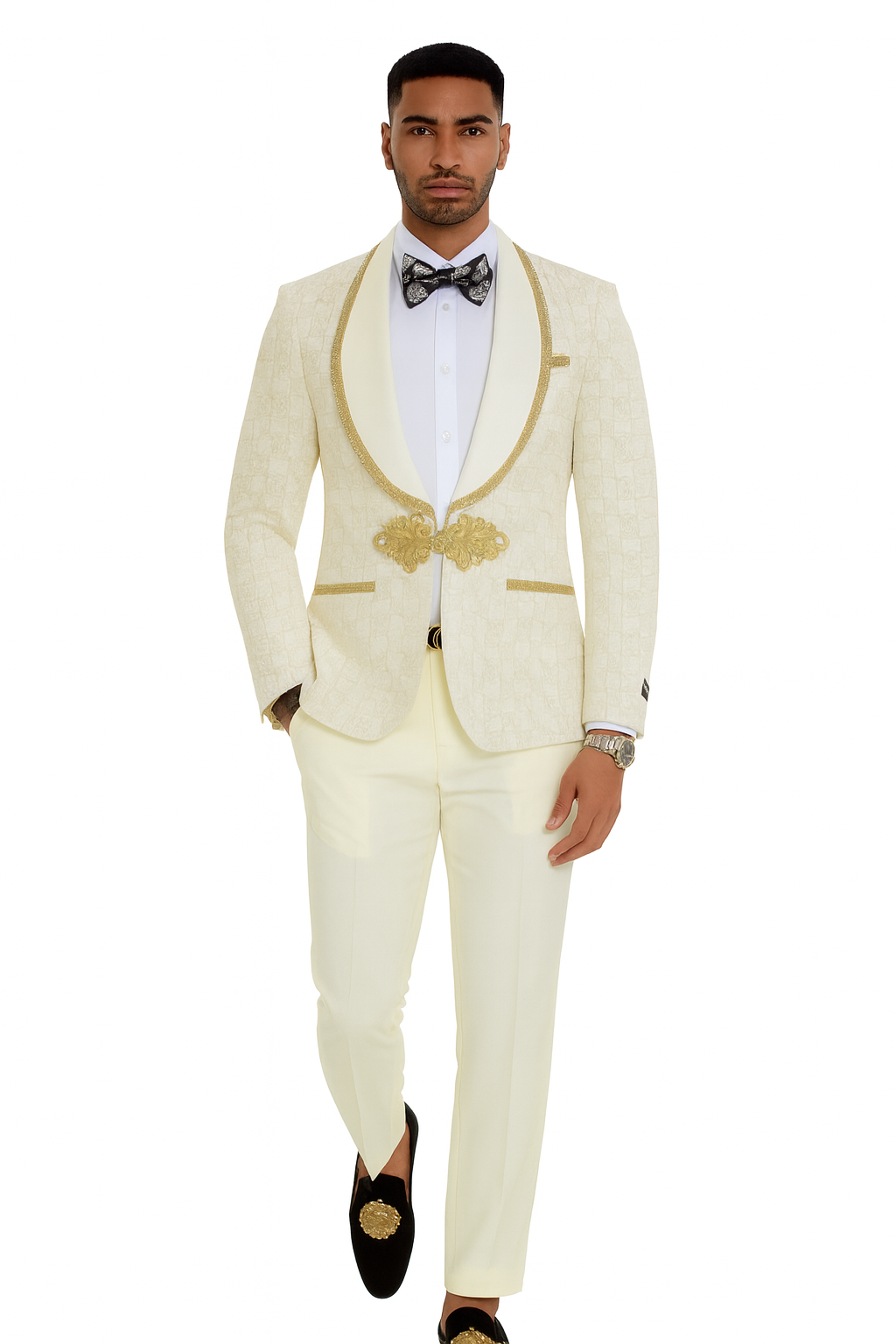 2025 Ivory and Gold 2pc Men's Prom 2025 Suit by Tazzio - 38 Short Jacket+32 Waist Adjustable 28to34)(Height: 5 4 to5 7 )(Neck 15-16.5)S-M)