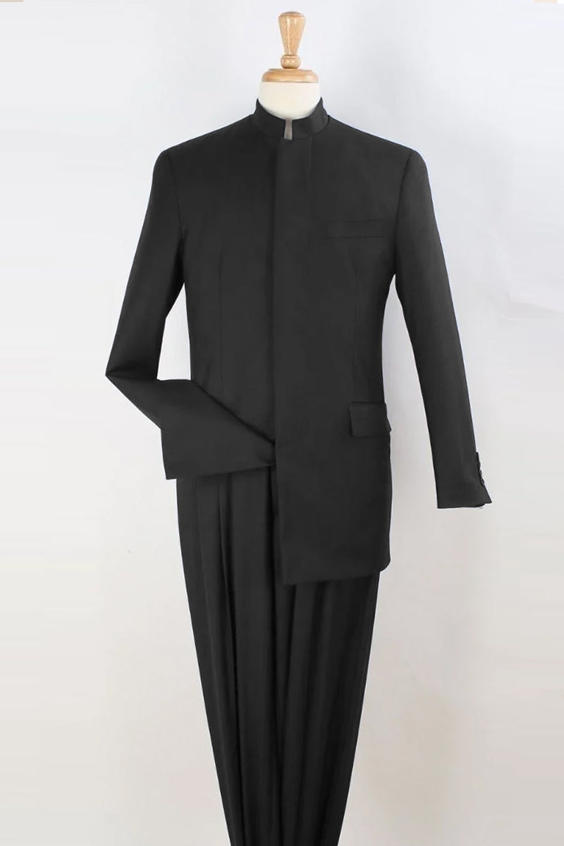 "Black Mandarin Banded Collar Suit for Men - French Front Style"