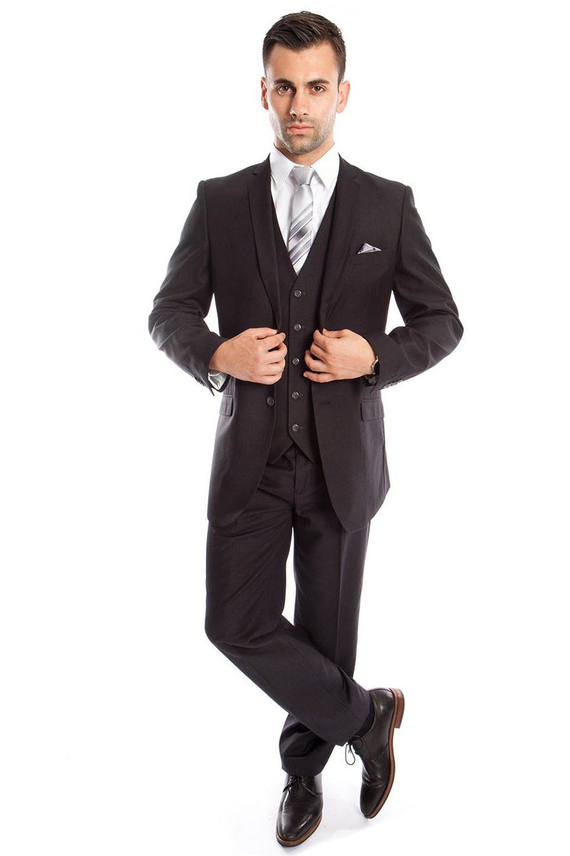 "Charcoal Grey Slim Fit Wedding Suit for Men - Two Button Basic Vested"