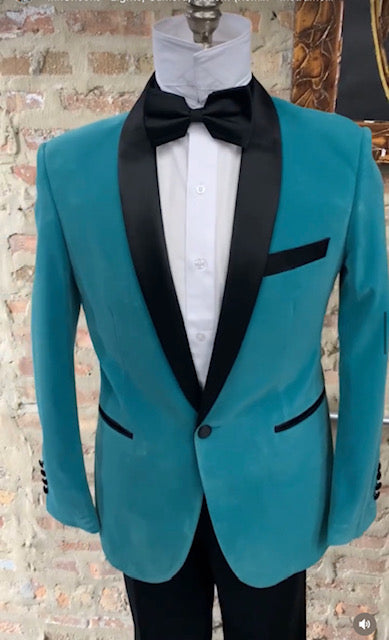 Teal Velvet Tuxedo for Men – One Button Black Satin Lapel Formal Suit with Bow Tie - 34 Short or Extra Small