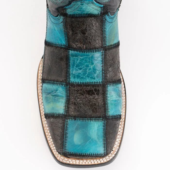 Ferinni Boot - Mens Dress Cowboy Boot - Ferrini Men's Patchwork Square Toe Boots Handcrafted in Black/Teal Color - 8D