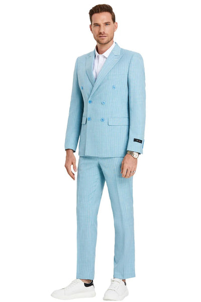Cheap priced Suit - Men's Slim Fit Double Breasted Summer Pastel Suit Teal Blue Pinstripe