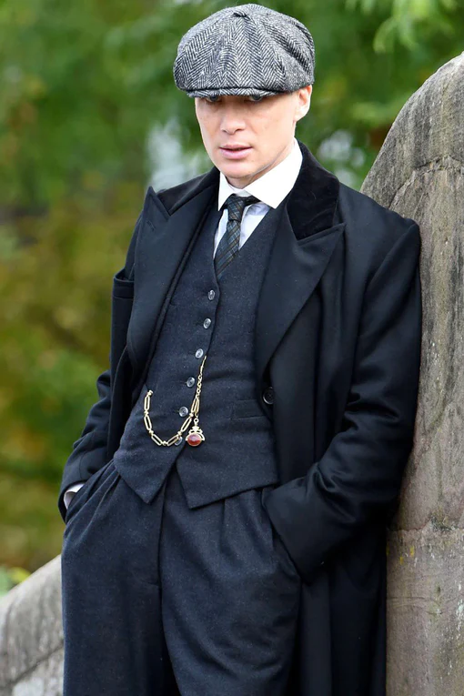 Mens Peaky Blinders Costume peaky blinder outfit - Include peaky blinder actor cap Thomas Shelby Black Herringbone Overcoat Wool Outfit - 56 Long