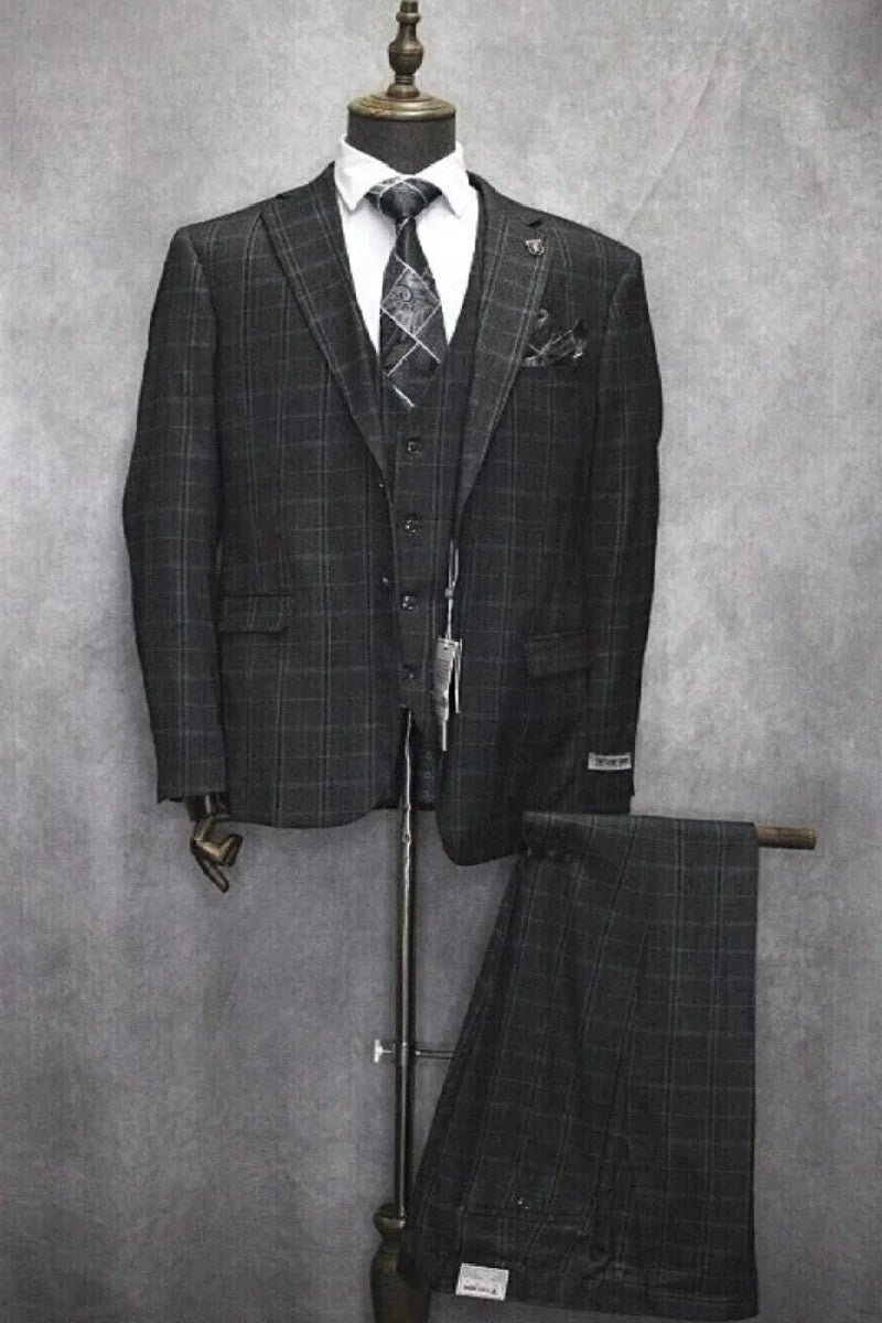 Mens Three Button Notch Lapel Plaid Pattern Suit Charcoal - Coat Size 38
