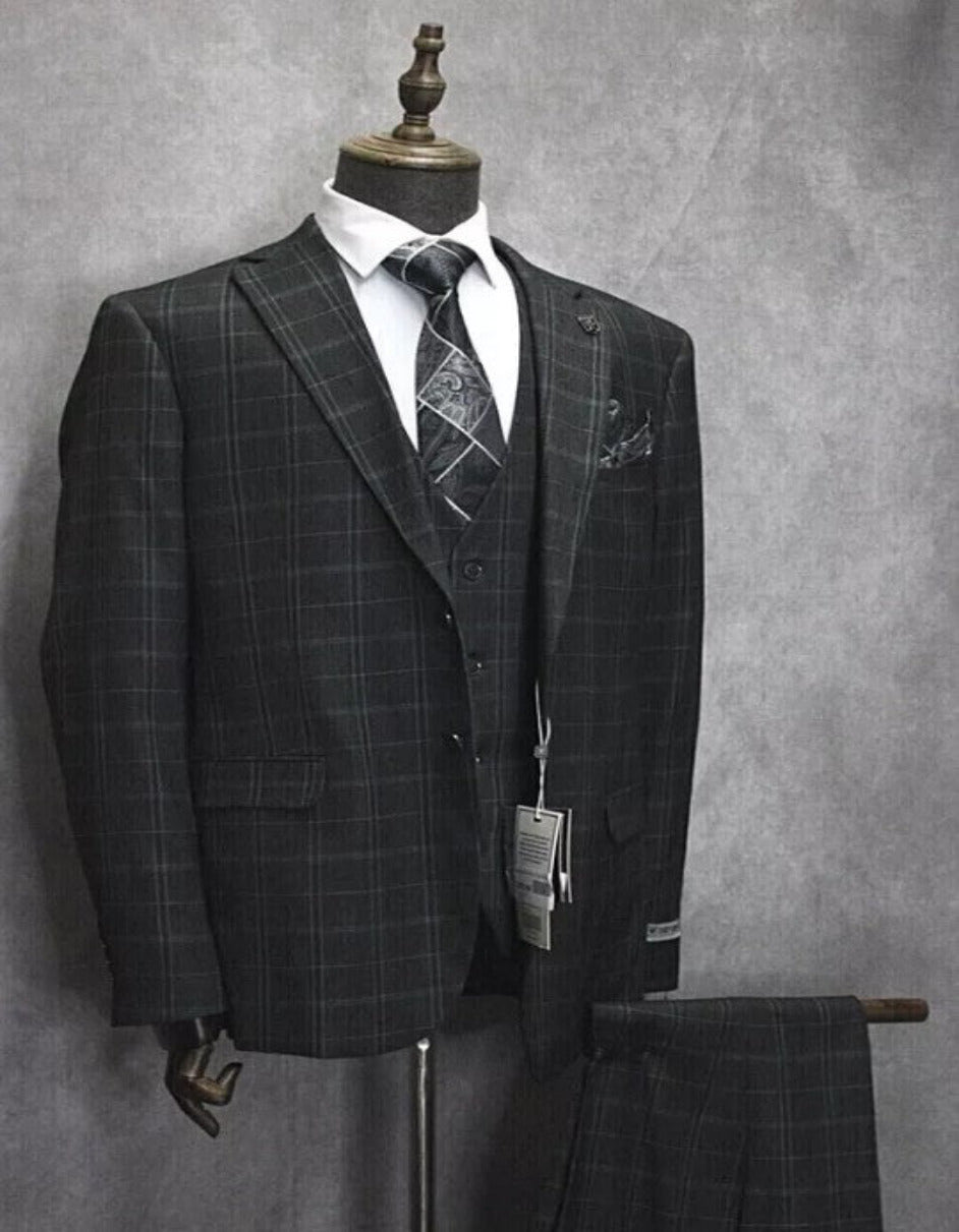 Mens Three Button Notch Lapel Plaid Pattern Suit Charcoal - Coat Size 38