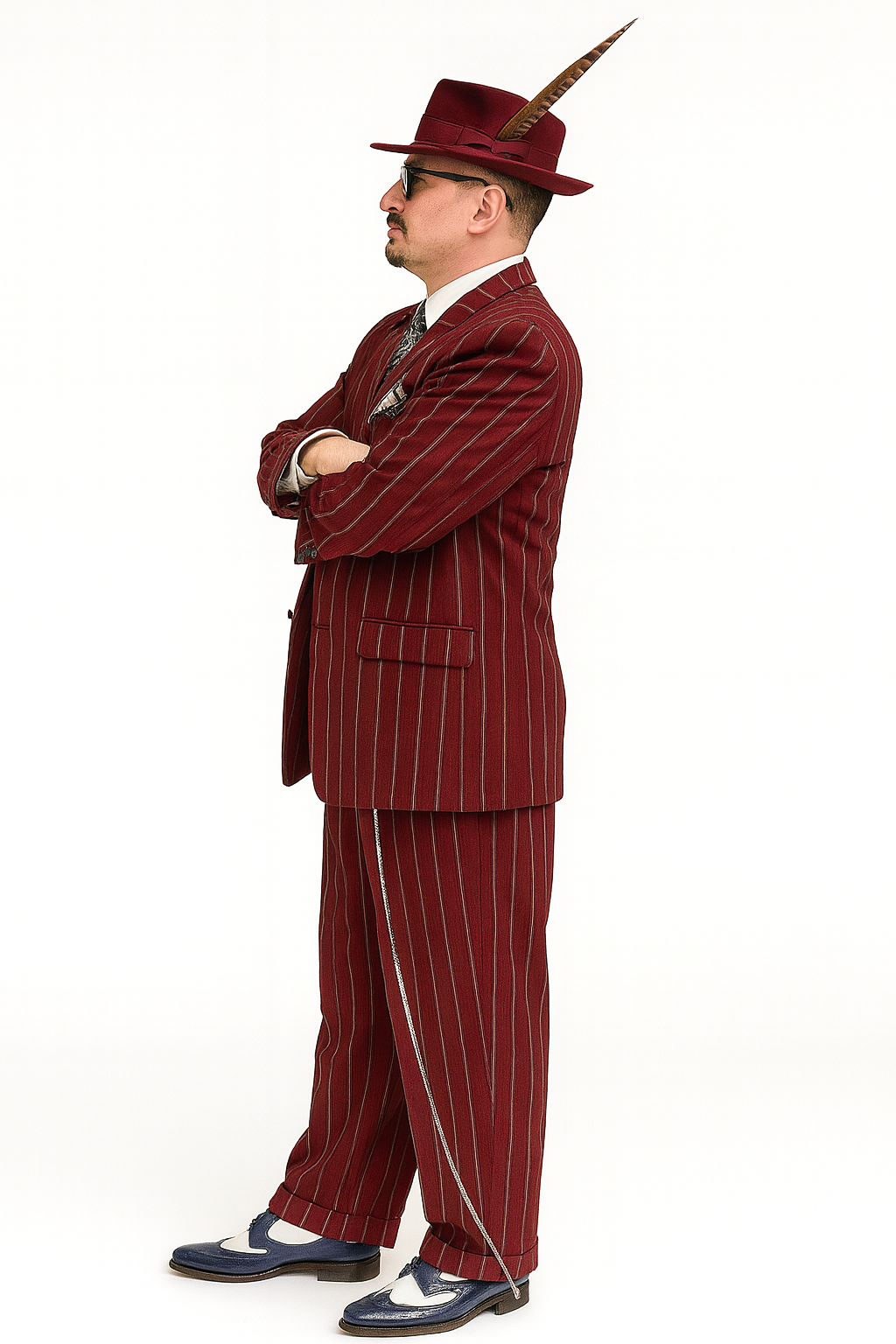 Burgundy Pinstripe Zoot Suit – 3 Piece 1920s/1930s Gangster Outfit (Jacket and Pants and Vest) Vintage Fashion - 34 Short or Extra Small