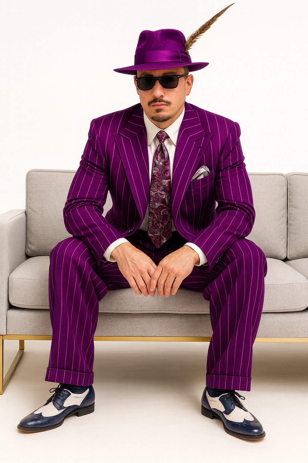 Purple Pinstripe Zoot Suit 3 Piece 1920s/1930s Gangster Outfit (Jacket and Pants and Vest) Vintage Fashion - 34 Short or Extra Small