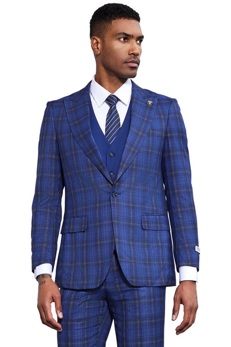Men's Stacy Adams Bold Windowpane Plaid Print Vested Suit in Midnight Blue - 38 Regular