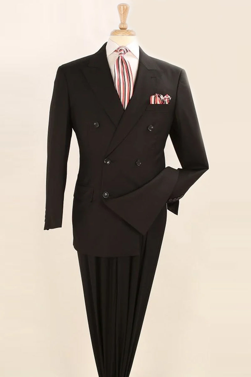 "Black Luxury Wool Feel Suit - Classic Double Breasted Men's Attire" - 62 Long
