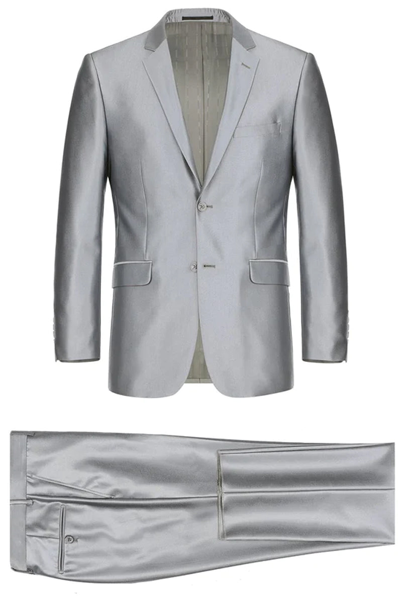 "Sharkskin Slim Fit Two-Button Men's Suit with Optional Vest - Silver Grey" - 34 Short