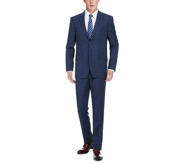 Renoir Clothing - Renoir Suit - Renoir Fashion - Performance 2-button Slim Fit Tonal Blue Windowpane Renoir Suit - Coat Size 38