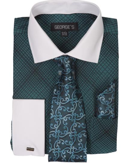 Turquoise Long Sleeve White Collar Two Toned Contrast Check Pattern Fashion Tie Set Men's Dress Shirt - 15.5 Neck / 34-35 sleeve