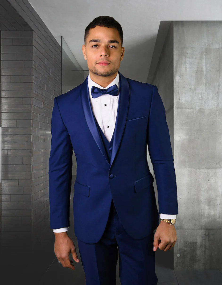 Mens Navy Blue Wedding Tuxedo - Dark Blue Tuxedo Suit"Mens 1 Button Shawl Lapel Vested Wool Wedding - Prom 2025 Tuxedo in Bright Sapphire Blue - 34 Short