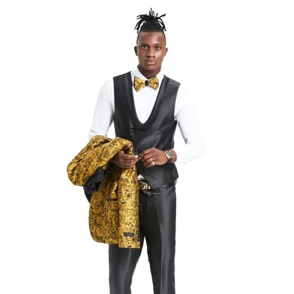 Gold Rose 3pc Tuxedo w/ Double Breasted Vest by Tazio - 38 Short Jacket+32 Waist Adjustable 28to34)(Height: 5 4 to5 7 )(Neck 15-16.5)S-M)