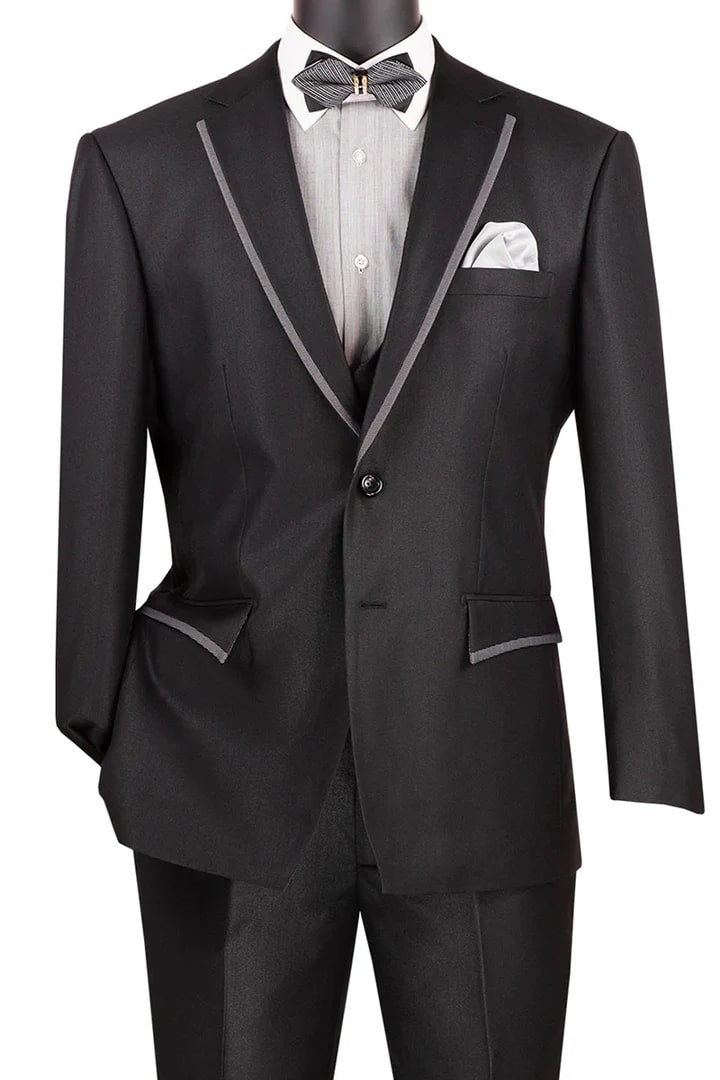 Cheap Priced Suit - Men's Modern Fit Tuxedo Black Suit With Double Breasted Vest And Satin Trim - 38 Short Jacket+32 Waist Adjustable 28to34)(Height: 5 4 to5 7 )(Neck 15-16.5)S-M)