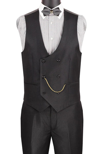 Cheap Priced Suit - Men's Modern Fit Tuxedo Black Suit With Double Breasted Vest And Satin Trim