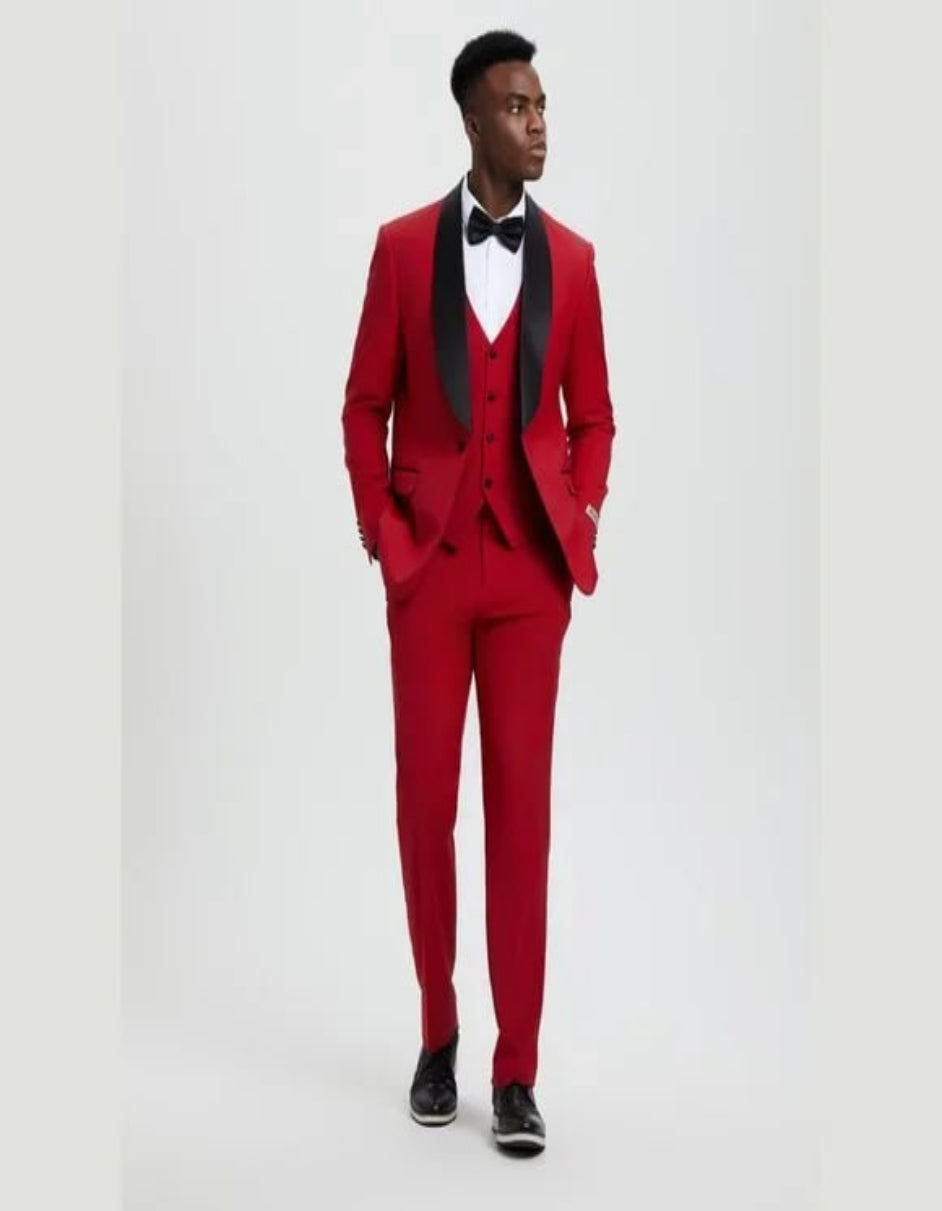 Stacy Adams 3pc Tuxedo Shawl Lapel, Seductive Red - 38 Short Jacket+32 Waist Adjustable 28to34)(Height: 5 4 to5 7 )(Neck 15-16.5)S-M)
