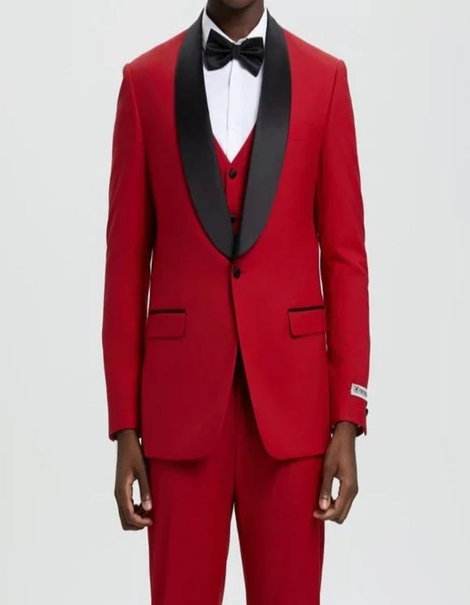 Stacy Adams 3pc Tuxedo Shawl Lapel, Seductive Red - 38 Short Jacket+32 Waist Adjustable 28to34)(Height: 5 4 to5 7 )(Neck 15-16.5)S-M)