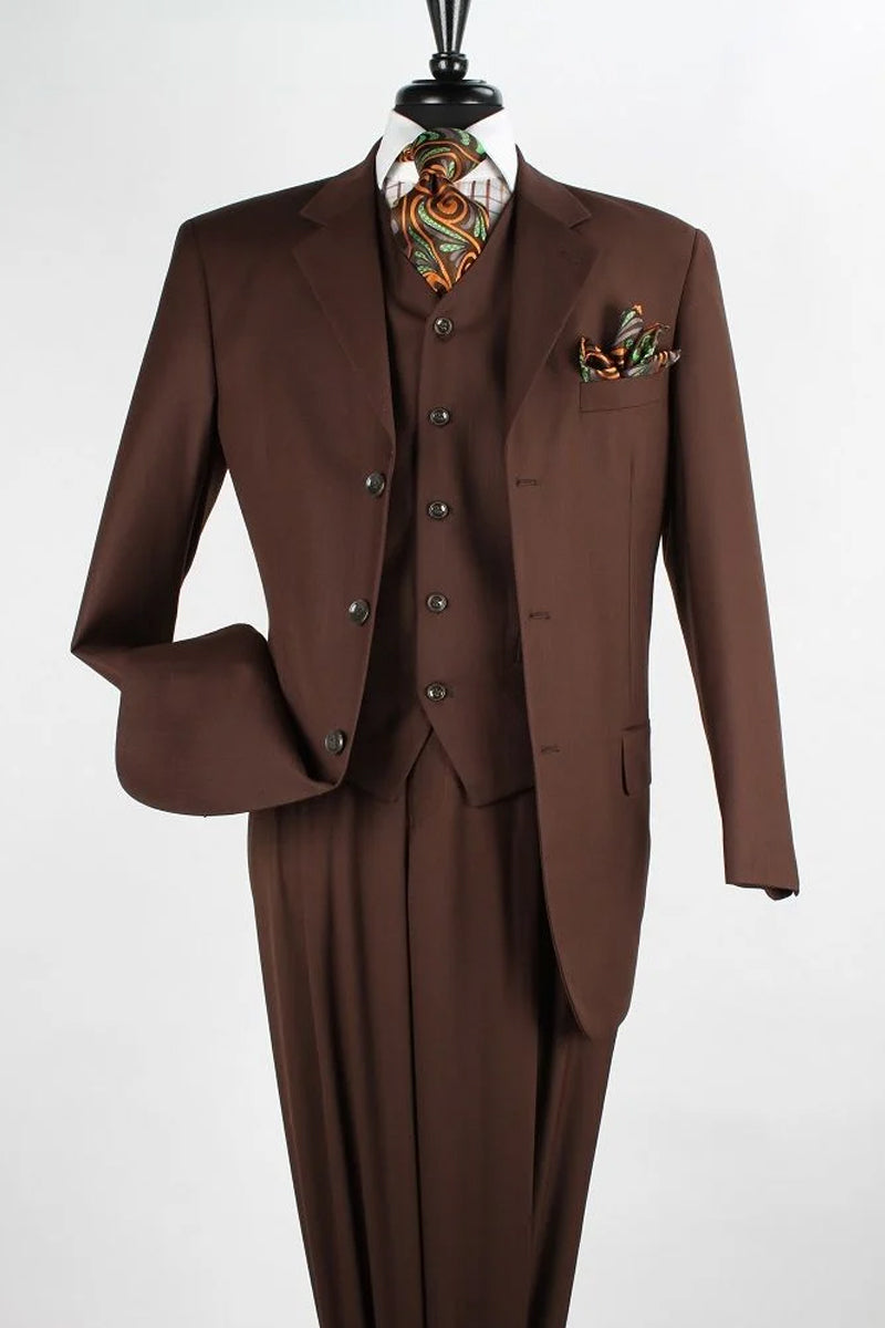 "Classic Fit Men's 3-Button Vested Suit with Single Pleated Pants - Chocolate Brown"