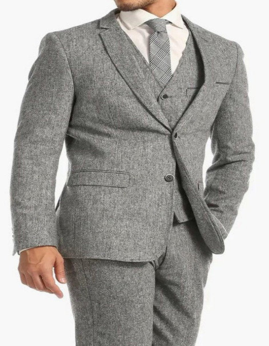 Mens Single Breasted Two Button Slim Fit Suit Double Breasted Herringbone Suit Gray - Coat Size 38