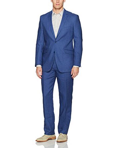 Mens Summer Linen suit - Indigo And Cobalt Blue Suit For Man Side Vented Modern Fit Notch Lapel - 38 Short Jacket+32 Waist Adjustable 28to34)(Height: 5 4 to5 7 )(Neck 15- 16.5)S-M)