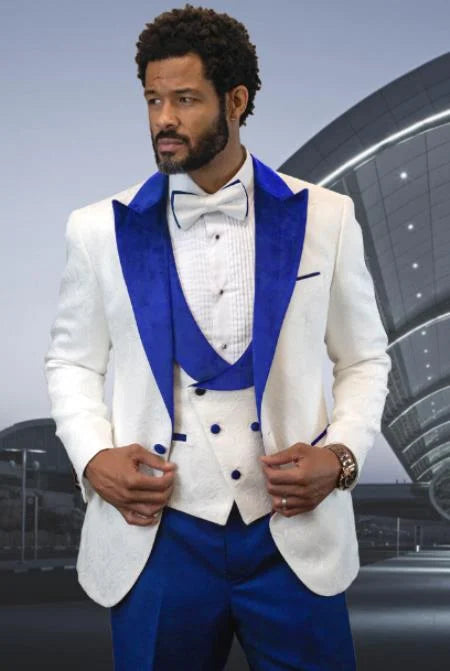 Two Toned Tuxedo With Matching Tuxedo - White And Royal Blue - 38 Short Jacket+32 Waist Adjustable 28to34)(Height: 5 4 to5 7 )(Neck 15-16.5)S-M)