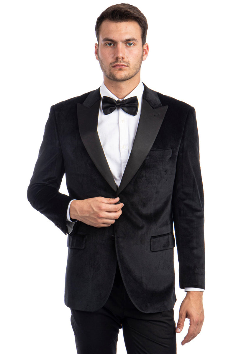 "Black Velvet Tuxedo Jacket for Men - Two Button Peak Lapel Wedding & Prom"