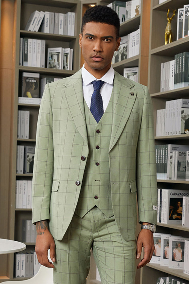 "Mens Stacy Adams Suit -Stacy Adams Suit Men's Sage Green Windowpane Plaid Vested Suit" - 34 Short