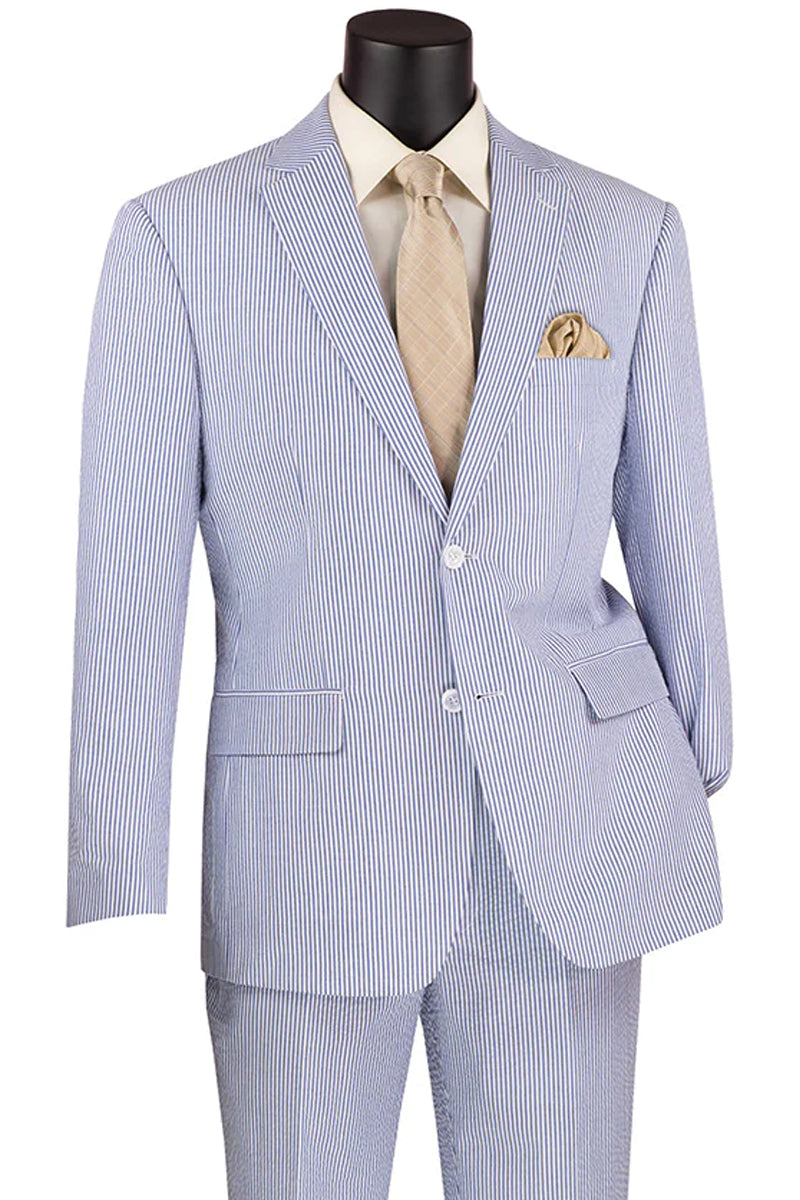 "Modern Fit Men's Seersucker Suit 2PC - Blue Pinstripe Summer" - 36 Short