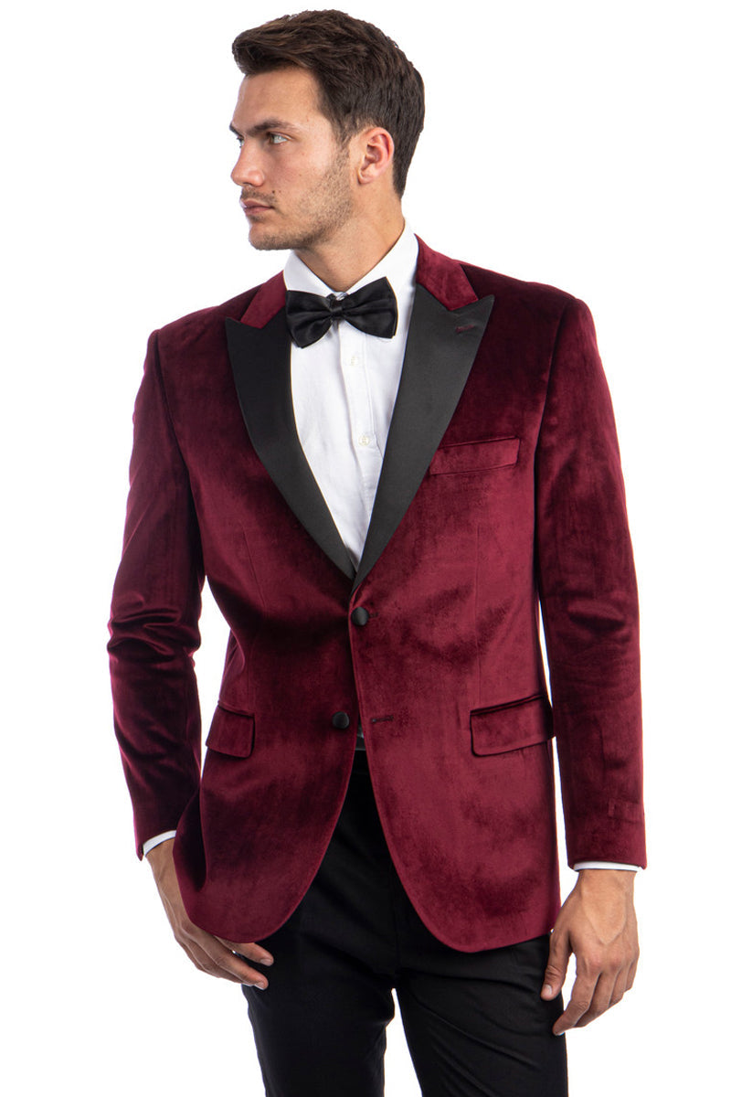 "Burgundy Velvet Wedding & Prom Tuxedo Jacket - Men's Two Button Peak Lapel"