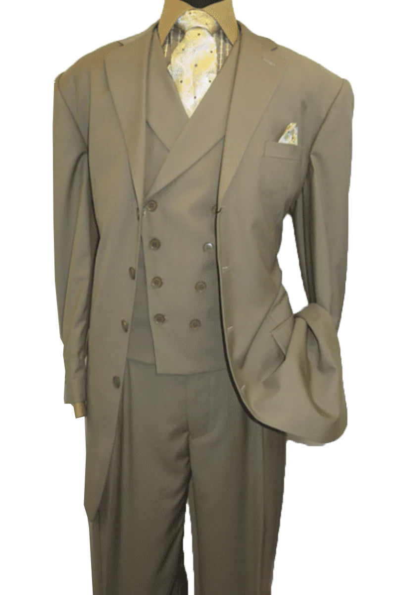 "Tan Men's 4-Button Suit with Double Breasted Vest - Fashion Attire" - 38 Long